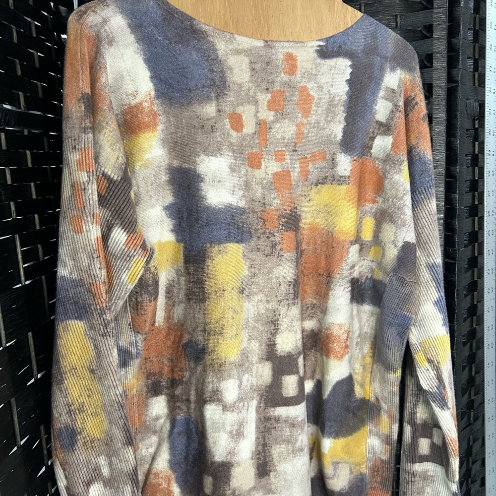 CHARLIE B Abstract Crewneck Top in Blue, Yellow & Orange